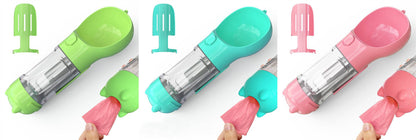 Portable pet water bottle and travel feeder with waste bag holder, compact 3-in-1 design for dog travel and outdoor walks.