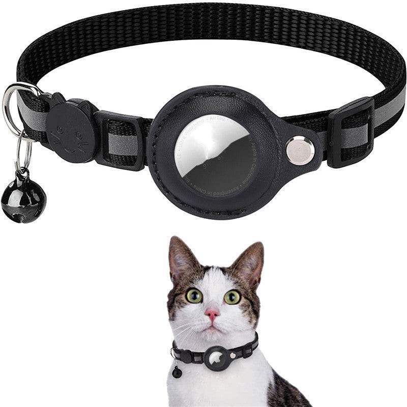 Reflective waterproof AirTag pet collar holder for dogs and cats, showing the secure attachment and reflective strip for visibility.