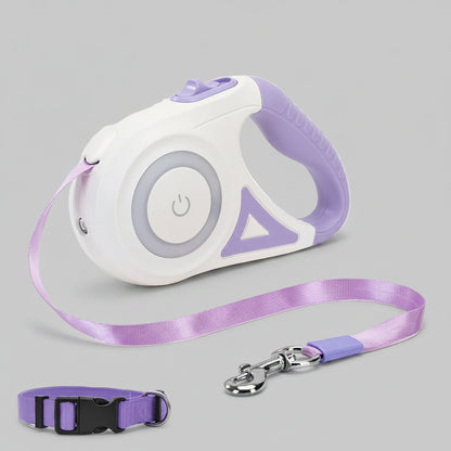 Retractable dog leash with built-in light for secure night walks, featuring comfortable grip and durable design.
