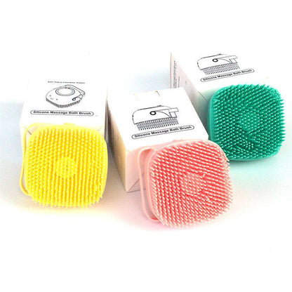 Silicone dog bath massage brush with shampoo dispensing feature, pet grooming tool for cleaning and massaging dogs.