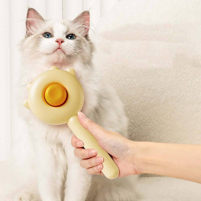 Cat Comb Hair Removal Brush being used on a fluffy cat for grooming and hair removal.