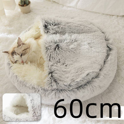 Soft plush 2-in-1 pet bed for cats and dogs, cozy self-warming house with cushioned interior for warmth and comfort.