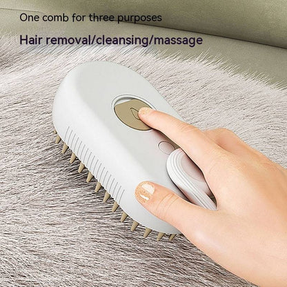 Electric steam pet grooming brush from My Store with massage and hair removal features, showing a pet being groomed.