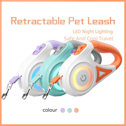 Retractable dog leash with built-in light for safe night walks, featuring a durable handle and adjustable length.