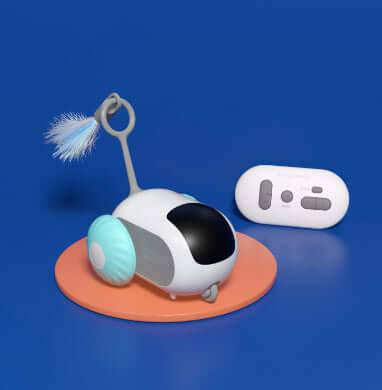 Interactive Cat Car Toy with remote control on an orange mat against a blue background for feline play.