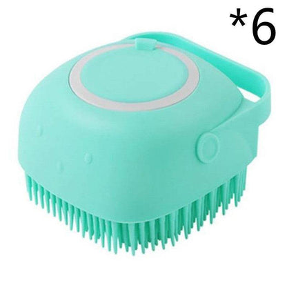 Silicone dog bath massage brush with shampoo dispensing feature, pet grooming tool for easy cleaning and soothing baths.