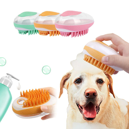 Soft silicone pet bath brush from My Store, showing a 2-in-1 grooming and massage tool for pets with gentle bristles.
