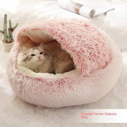 Soft, plush 2-in-1 pet bed for cats and dogs, featuring a cozy self-warming house design for warmth and comfort.
