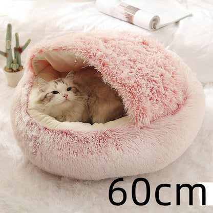Soft, plush 2-in-1 pet bed for cats and dogs with cozy, self-warming house design for added comfort and warmth.