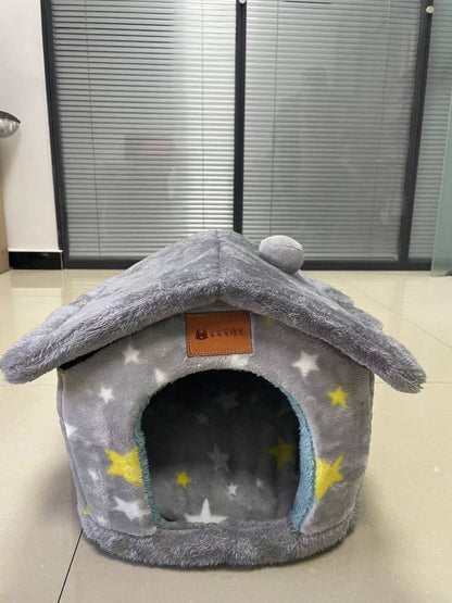 Foldable dog and cat house bed by My Store, cozy enclosed pet cave with soft fabric and foldable design for comfortable outdoor or indoor use.