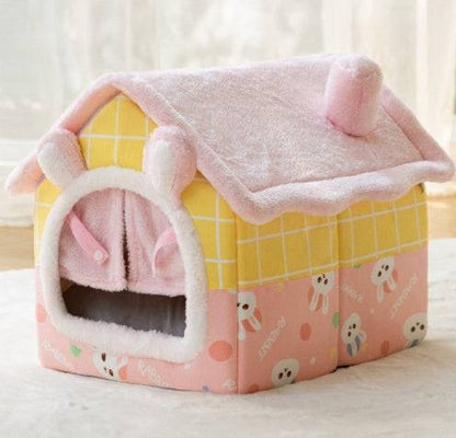 Foldable pet dog and cat house bed with cozy enclosed cave design, featuring soft fabric and foldable structure for comfortable rest.