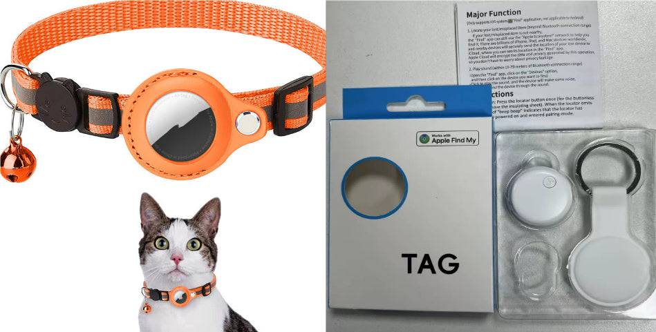Reflective waterproof AirTag pet collar holder for dogs and cats, showing a secure attachment with reflective strip detail.