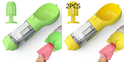 Portable 3-in-1 dog water bottle with built-in travel feeder and waste bag holder, ideal for outdoor pet walks and travel.