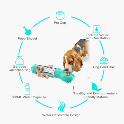 Portable My Store 3-in-1 pet dog water bottle, travel feeder, and waste bag holder with compact design for outdoor walks.