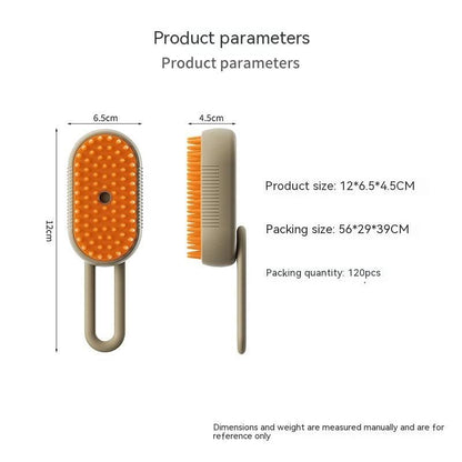 My Store 3-in-1 electric steam pet brush for grooming, massage, and hair removal, showing the device with steam vents and pet fur.