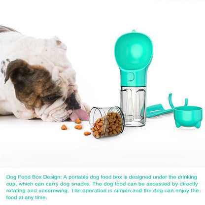 Portable dog water bottle with travel feeder and waste bag holder, ideal for pet travel and outdoor walks.