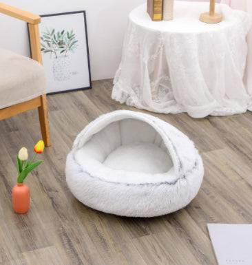 Soft plush pet bed by My Store, cozy 2-in-1 self-warming house for cats and dogs with cushioned interior and removable cover.