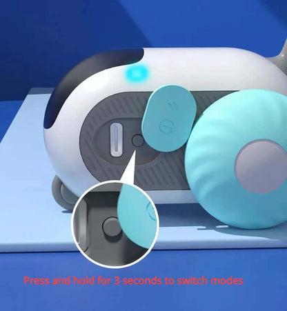 Interactive Cat Car Toy showing control buttons for mode switching and USB recharge indicator.