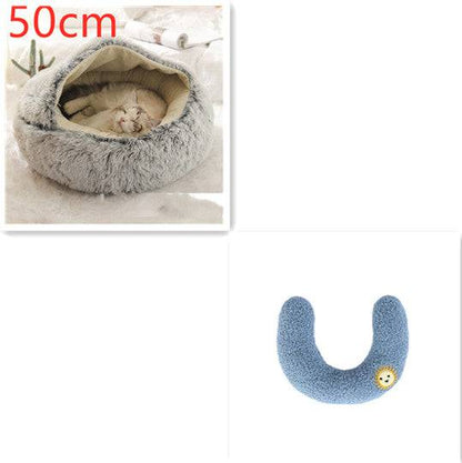 Soft plush pet bed for cats and dogs, cozy 2-in-1 self-warming house providing comfort and warmth for pets.