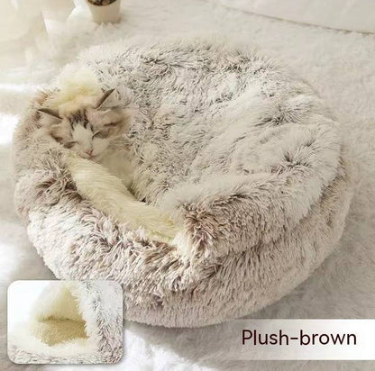 Soft plush pet bed for cats and dogs, cozy 2-in-1 self-warming house providing warmth and comfort.