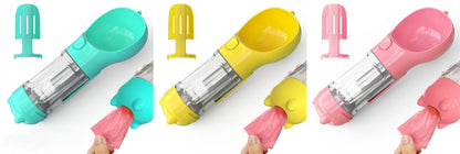 Portable My Store 3-in-1 dog water bottle, travel feeder, and waste bag holder for pet travel and outdoor walks.