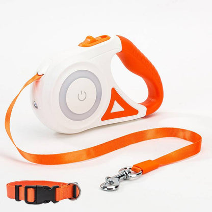 Retractable dog leash with built-in light for secure night walks, featuring ergonomic handle and durable design.