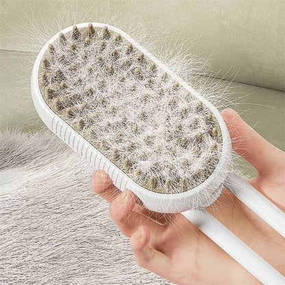 Electric steam pet grooming brush with massage and hair removal features, showing the sleek device and pet fur.