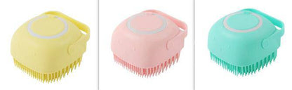 Silicone dog bath massage brush from My Store with shampoo dispensing feature, showing the textured brush surface for grooming.
