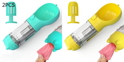 Portable 3-in-1 dog water bottle with travel feeder and waste bag holder, ideal for pet travel and outdoor walks.