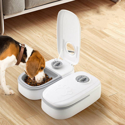 Automatic pet feeder for cats and dogs from My Store, features a smart dispenser with digital controls and food storage compartment.